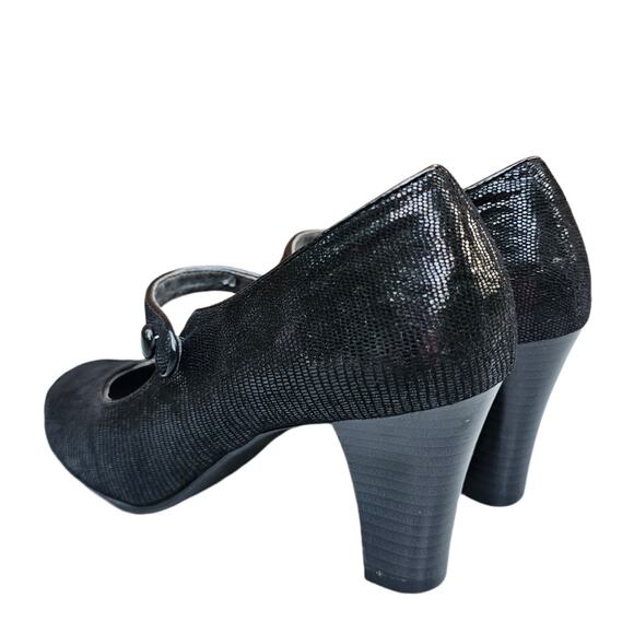 MaryJane Pumps Aerosoles Role Through Size 8.5 Black Shimmer Reptile Scale Heels - Picture 3 of 12